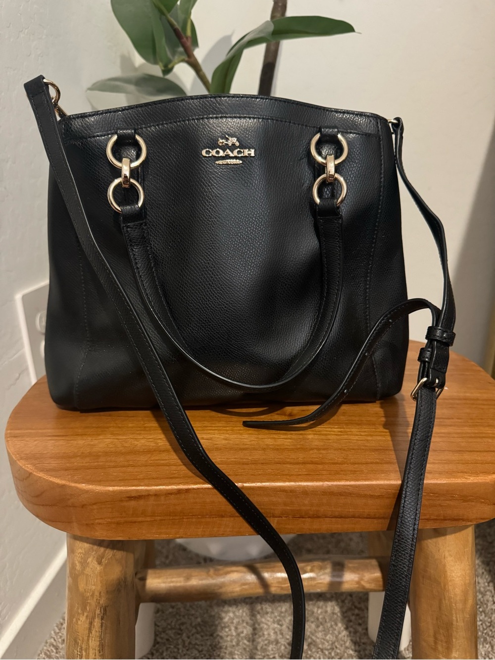 Coach Black Pebbled Leather Crossbody Satchel with Gold Hardware